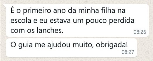 Print de mensagem no WhatsApp: cliente contando que o guia ajudou no primeiro ano da filha na escola