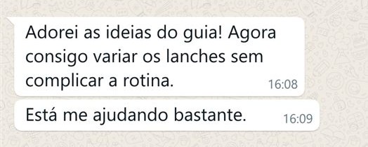Print de mensagem no WhatsApp: cliente dizendo que agora consegue variar os lanches sem complicar a rotina
